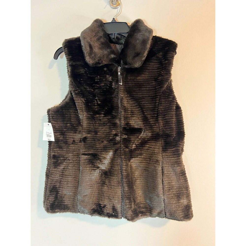 Liz Claiborne Reversible Faux‎ Fur Vest Montana Brown Ribbed Zip Front Large NWT